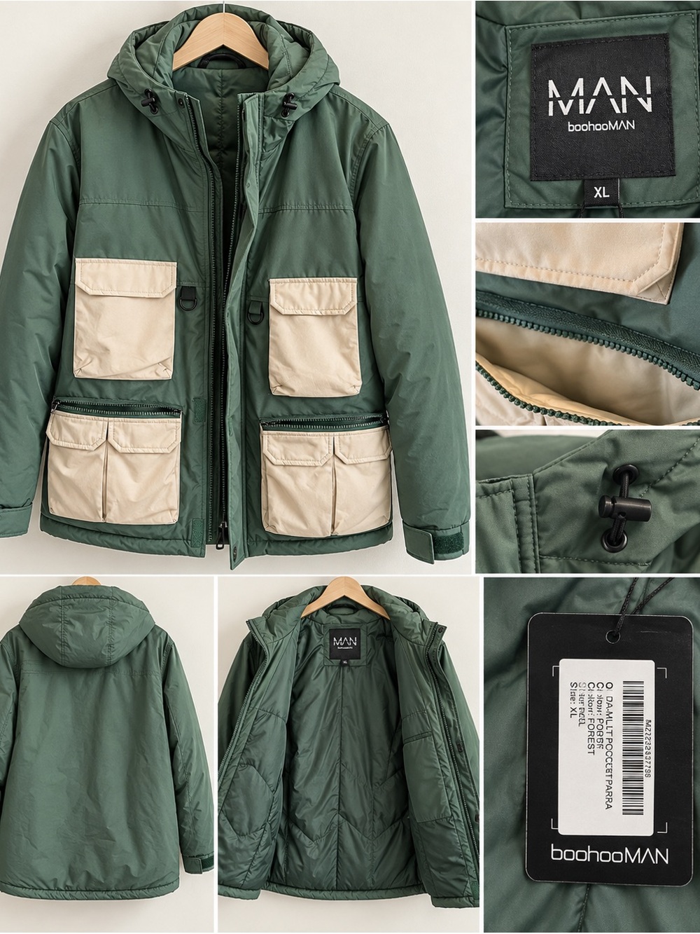 Men's Olive Green Bomber Jacket with Beige Utility Pockets